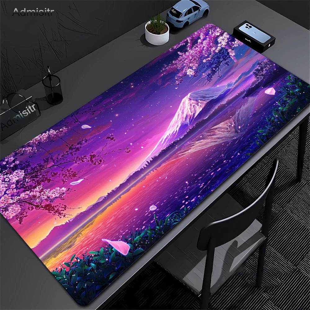 Large Anti-Slip Rubber Gaming MousePad Sakura Scenery Moon Mouse Pad Durable Deskmat Thick Seam Edge Suitable for Office Gaming