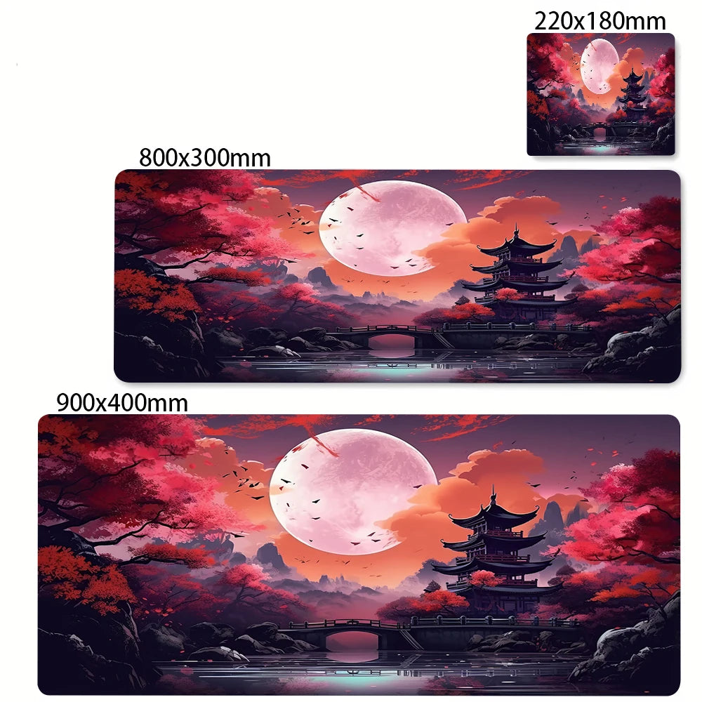 Large Anti-Slip Rubber Gaming MousePad Sakura Scenery Moon Mouse Pad Durable Deskmat Thick Seam Edge Suitable for Office Gaming
