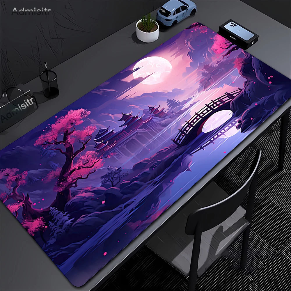 Large Anti-Slip Rubber Gaming MousePad Sakura Scenery Moon Mouse Pad Durable Deskmat Thick Seam Edge Suitable for Office Gaming