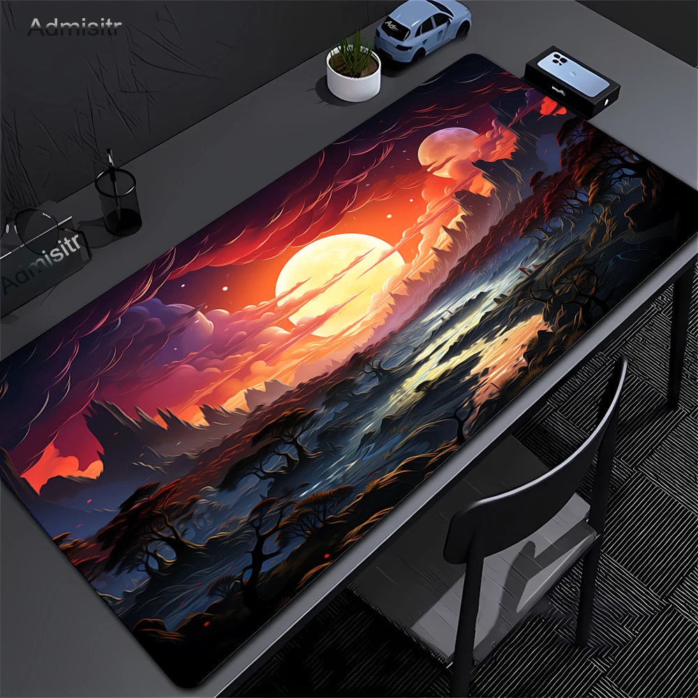 Large Anti-Slip Rubber Gaming MousePad Sakura Scenery Moon Mouse Pad Durable Deskmat Thick Seam Edge Suitable for Office Gaming