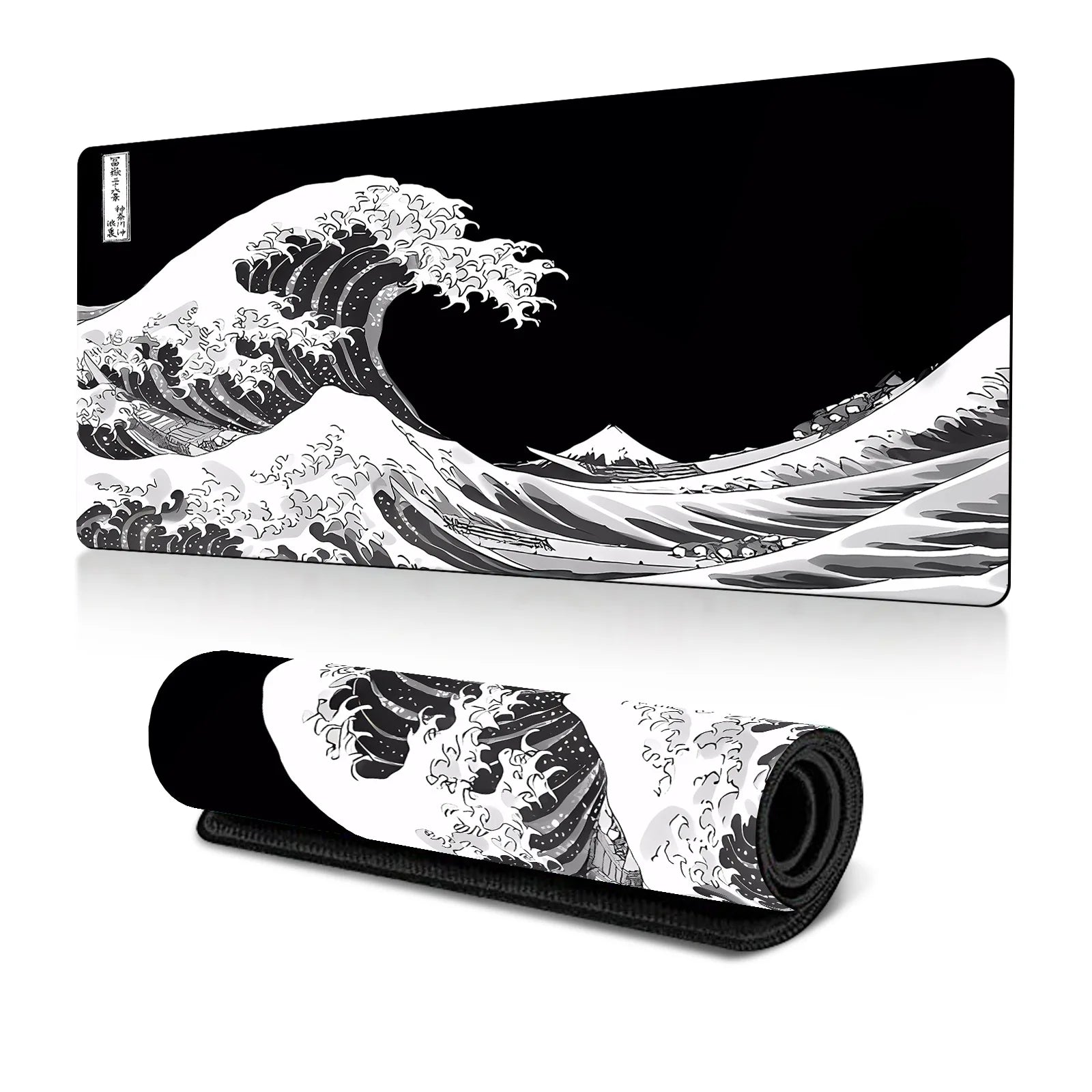 Japanese Sea Wave Large Mouse Pad, Anime Black Gaming, Extended Mat Desk Pad, 3mm Thick Long Non-Slip Rubber Base Mice Pad