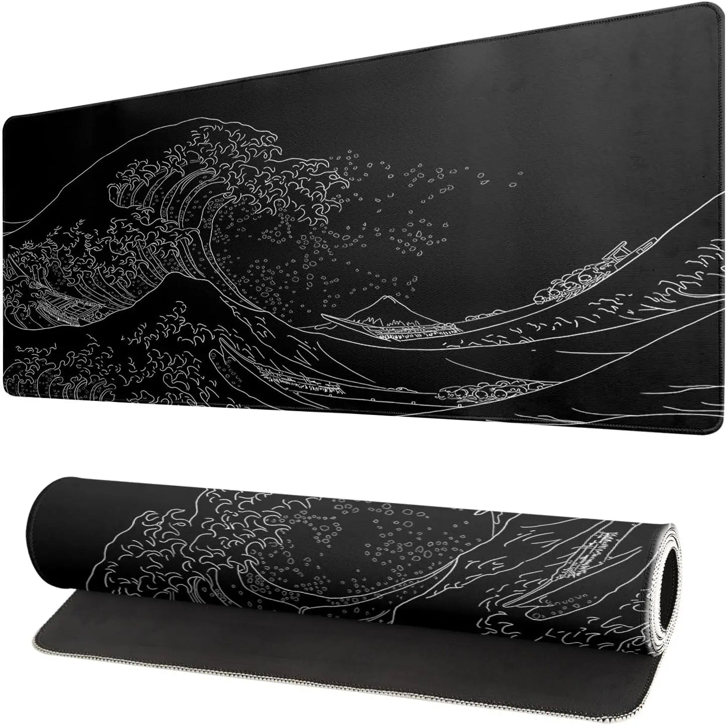 Japanese Sea Wave Large Mouse Pad, Anime Black Gaming, Extended Mat Desk Pad, 3mm Thick Long Non-Slip Rubber Base Mice Pad