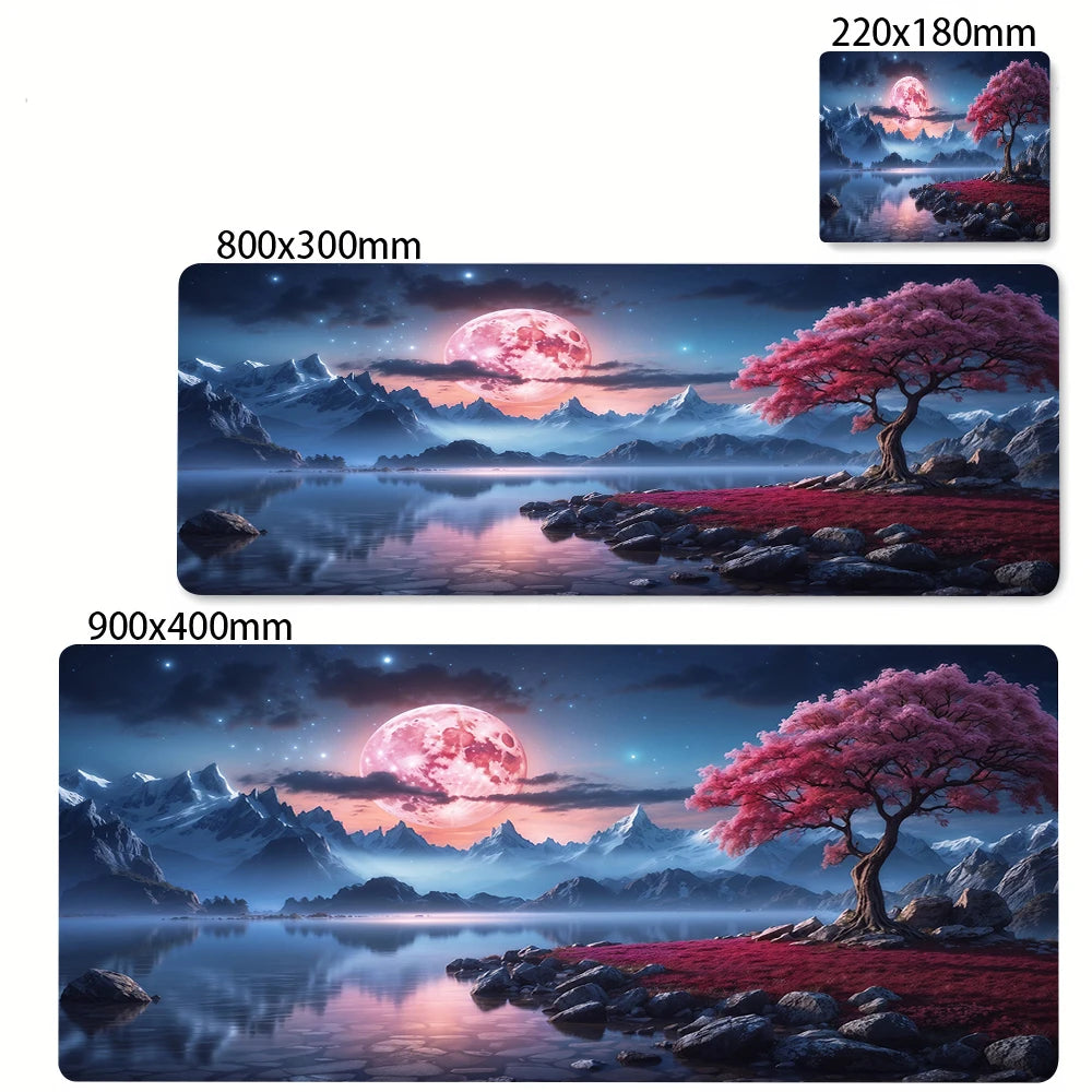 Large Anti-Slip Rubber Gaming MousePad Sakura Scenery Moon Mouse Pad Durable Deskmat Thick Seam Edge Suitable for Office Gaming