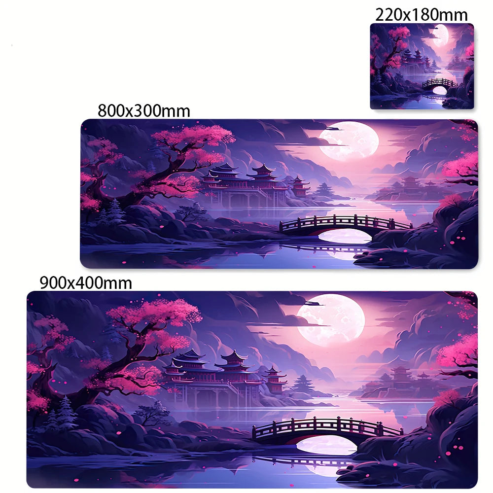 Large Anti-Slip Rubber Gaming MousePad Sakura Scenery Moon Mouse Pad Durable Deskmat Thick Seam Edge Suitable for Office Gaming