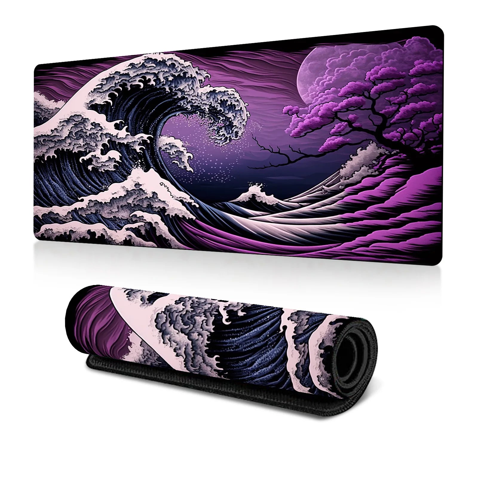 Japanese Sea Wave Large Mouse Pad, Anime Black Gaming, Extended Mat Desk Pad, 3mm Thick Long Non-Slip Rubber Base Mice Pad