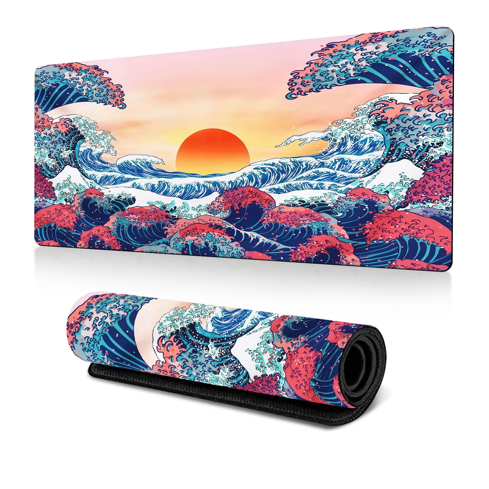 Japanese Sea Wave Large Mouse Pad, Anime Black Gaming, Extended Mat Desk Pad, 3mm Thick Long Non-Slip Rubber Base Mice Pad