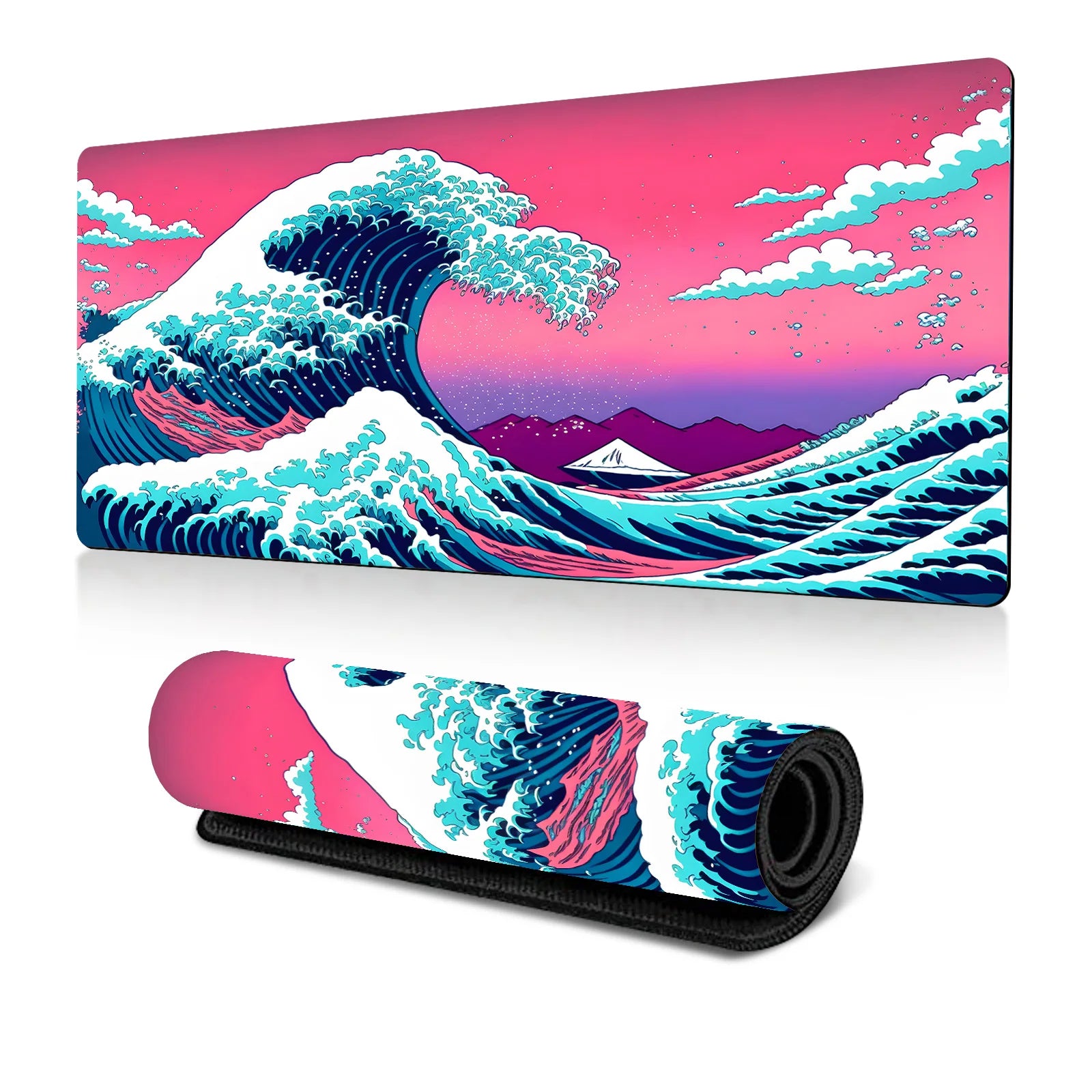 Japanese Sea Wave Large Mouse Pad, Anime Black Gaming, Extended Mat Desk Pad, 3mm Thick Long Non-Slip Rubber Base Mice Pad