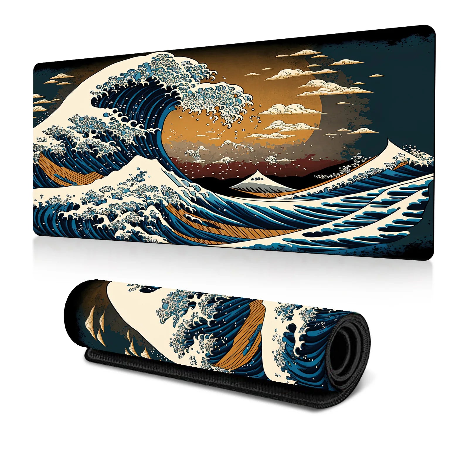 Japanese Sea Wave Large Mouse Pad, Anime Black Gaming, Extended Mat Desk Pad, 3mm Thick Long Non-Slip Rubber Base Mice Pad