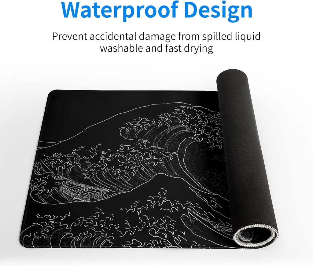 Japanese Sea Wave Large Mouse Pad, Anime Black Gaming, Extended Mat Desk Pad, 3mm Thick Long Non-Slip Rubber Base Mice Pad