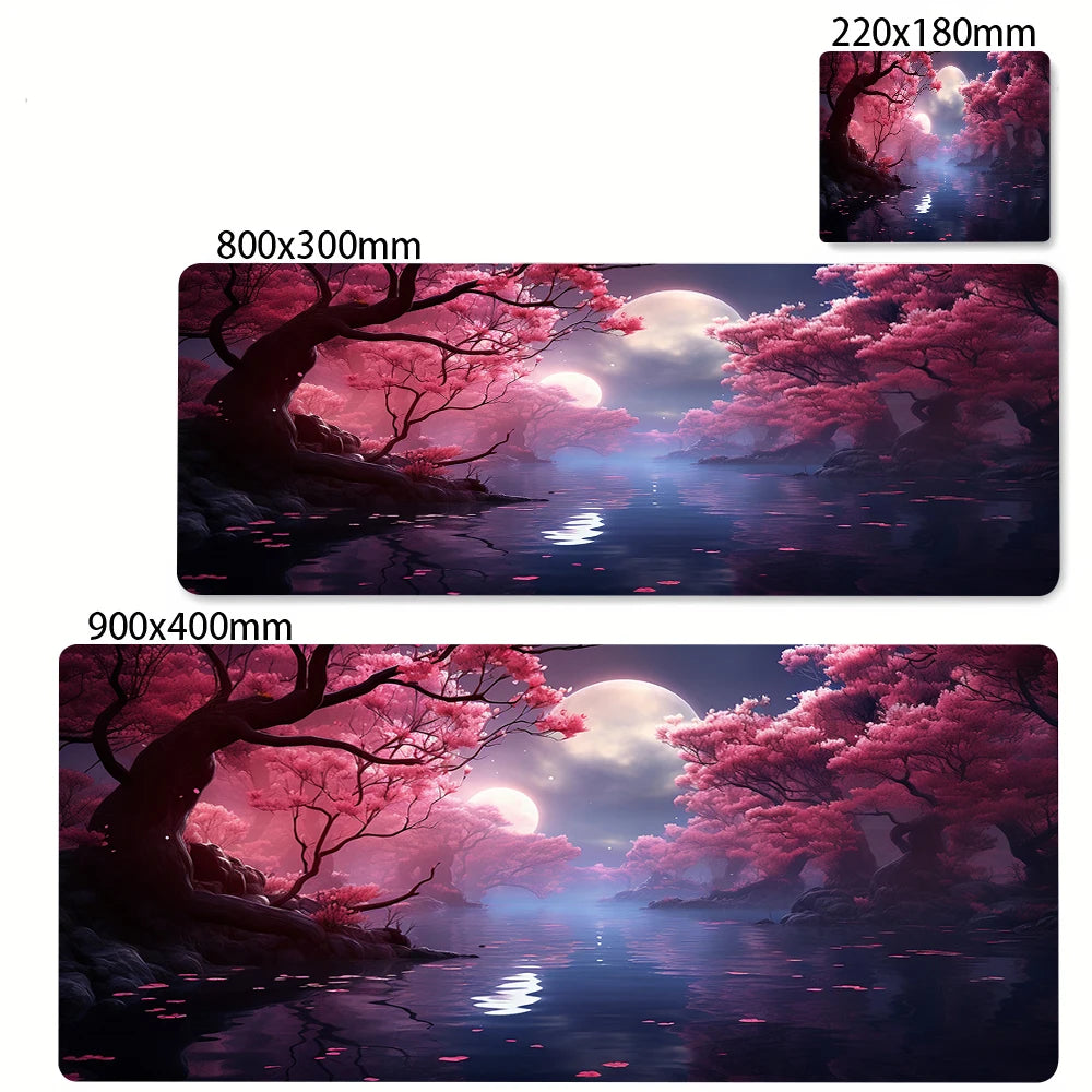 Large Anti-Slip Rubber Gaming MousePad Sakura Scenery Moon Mouse Pad Durable Deskmat Thick Seam Edge Suitable for Office Gaming