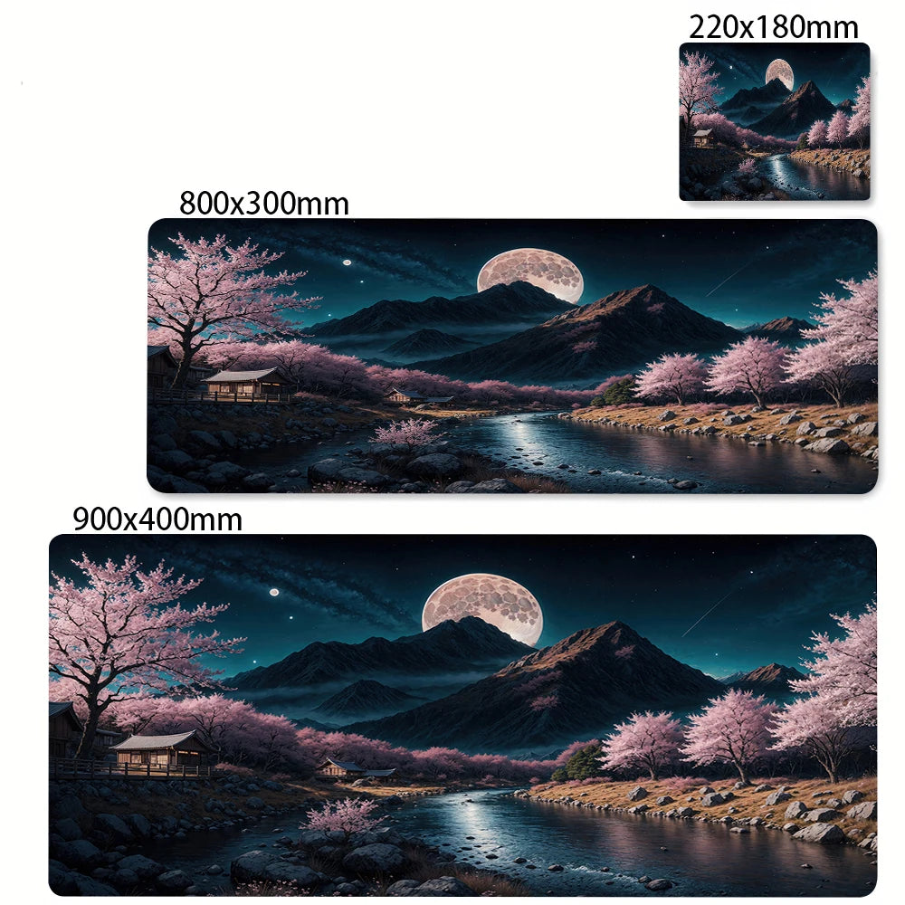 Large Anti-Slip Rubber Gaming MousePad Sakura Scenery Moon Mouse Pad Durable Deskmat Thick Seam Edge Suitable for Office Gaming