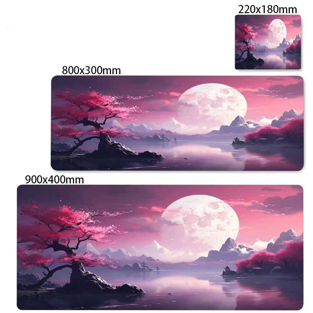 Large Anti-Slip Rubber Gaming MousePad Sakura Scenery Moon Mouse Pad Durable Deskmat Thick Seam Edge Suitable for Office Gaming