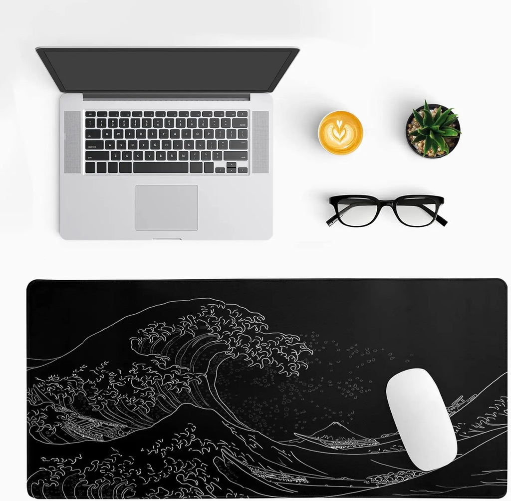Japanese Sea Wave Large Mouse Pad, Anime Black Gaming, Extended Mat Desk Pad, 3mm Thick Long Non-Slip Rubber Base Mice Pad
