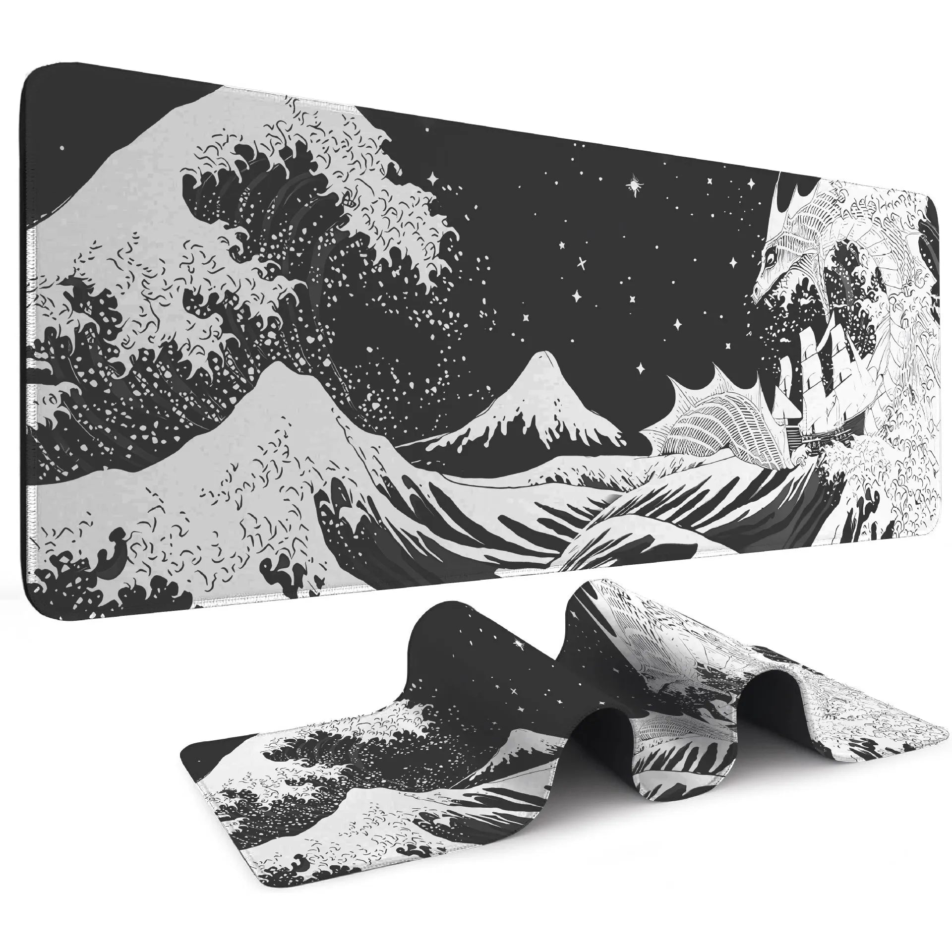 Japanese Sea Wave Large Mouse Pad, Anime Black Gaming, Extended Mat Desk Pad, 3mm Thick Long Non-Slip Rubber Base Mice Pad